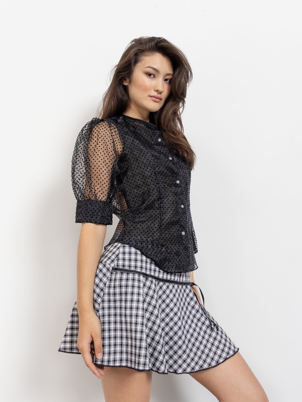 Haute Monde Black Sheer Polka Dot Button-Up Blouse